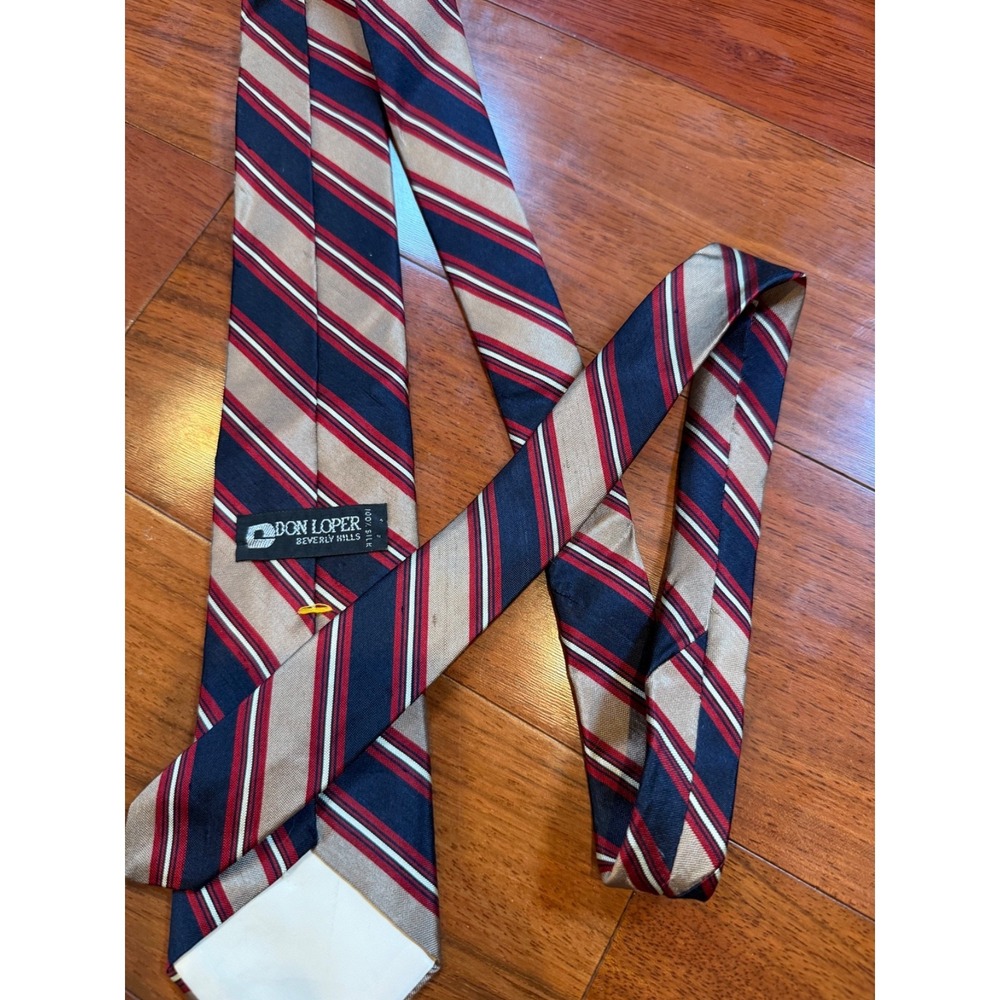 Don Loper Vintage Tie Slant Stripe Silk Retro | Tan Navy Red | 55"L 3.25"W *FLAW